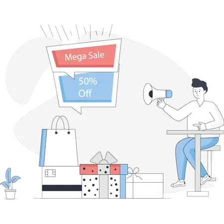 Boy  doing marketing mega sale  Illustration