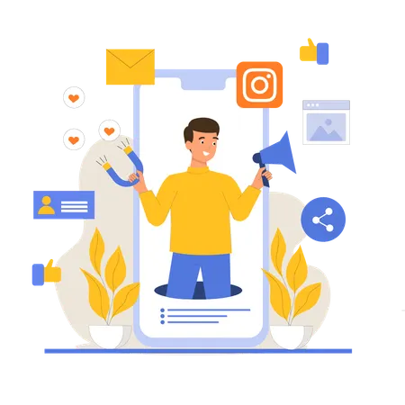 Boy doing marketing on Instagram  Illustration