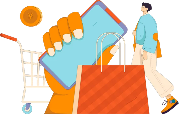 Boy doing mobile shopping  Illustration