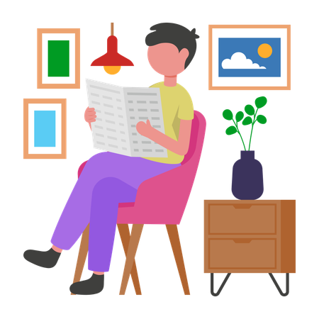 Boy doing Morning Newspaper Reading Ritual  Illustration