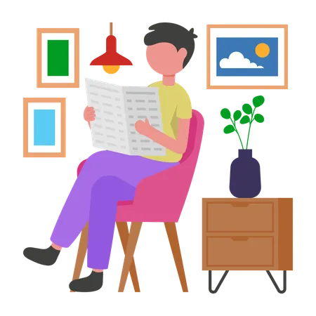 Boy doing Morning Newspaper Reading Ritual  Illustration
