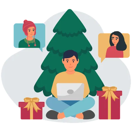 Boy doing online christmas celebration  Illustration