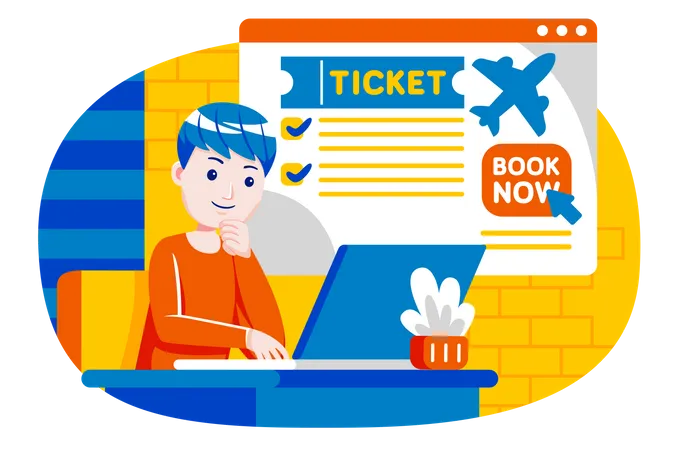 Boy doing online flight booking  Illustration