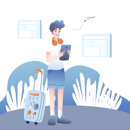 Boy doing online flight booking  Illustration