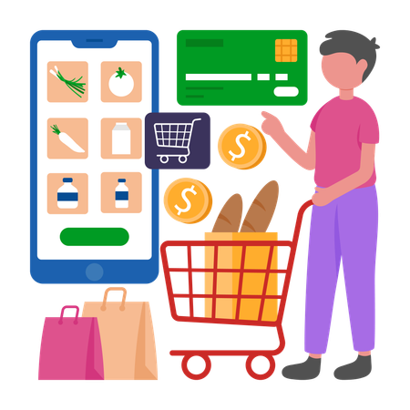 Boy doing Online Grocery Shopping  Illustration
