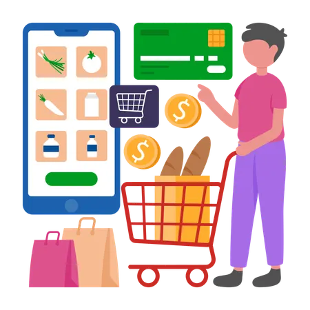 Boy doing Online Grocery Shopping  Illustration