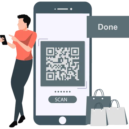 Boy doing online payment with QR code  Illustration