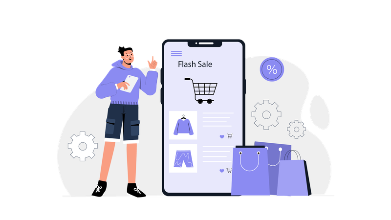 Boy doing online shopping in shopping sale  Illustration