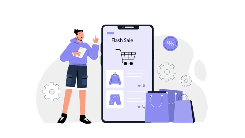 Boy doing online shopping in shopping sale  Illustration