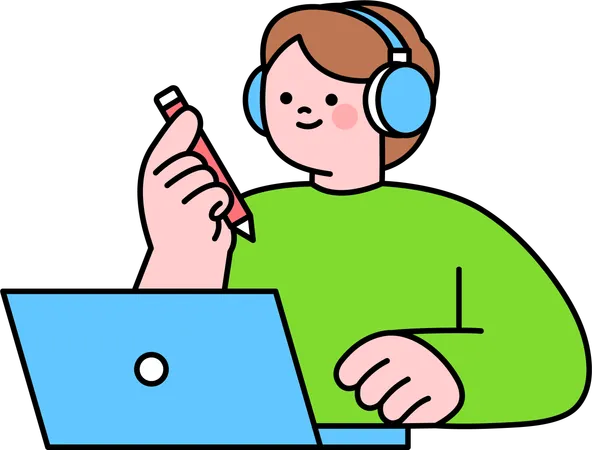 ノートパソコンでオンライン学習をしている少年  イラスト