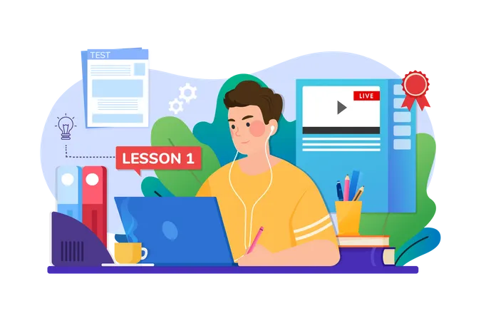 Boy doing online study using laptop Illustration