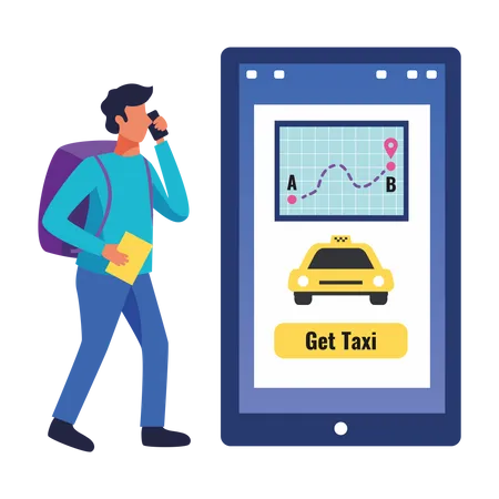 Boy doing online taxi booking Illustration