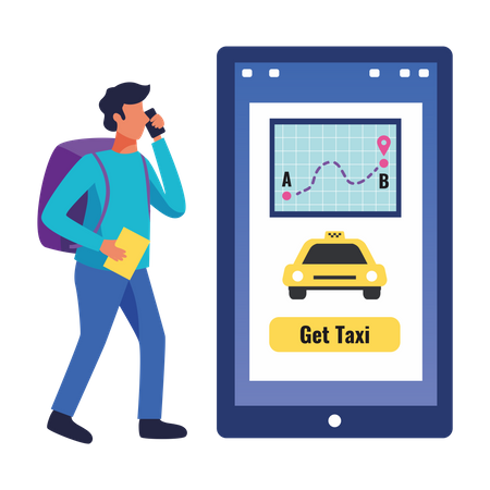 Boy doing online taxi booking  Illustration