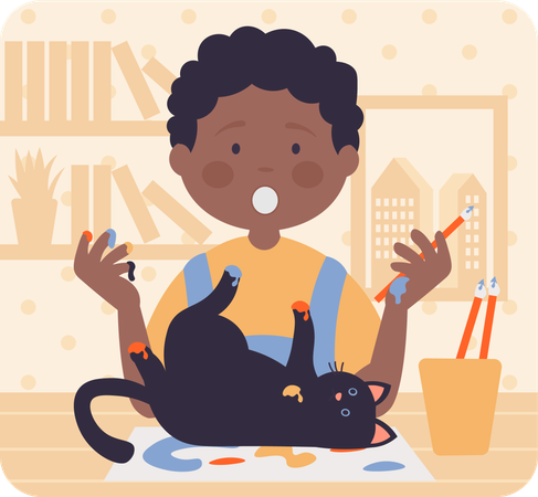 Boy doing painting while cat sleeping on painting  일러스트레이션