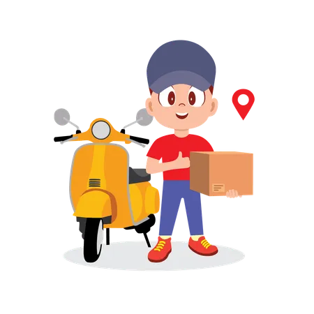 Boy doing parcel delivery at location  Illustration