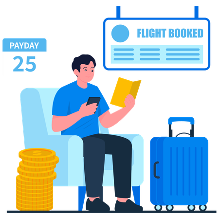 Boy doing Payday Travel Booking  Illustration