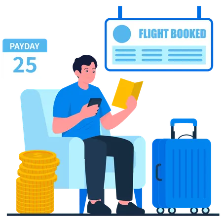 Boy doing Payday Travel Booking  Illustration