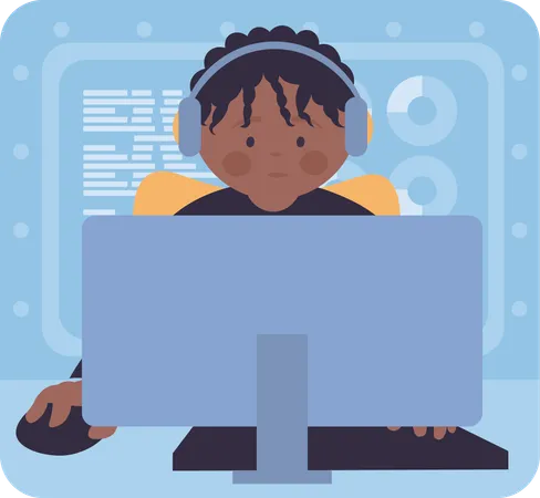 Boy doing programming work on computer  일러스트레이션