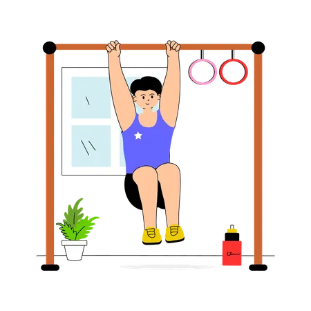 Boy doing pull up exercise on bar  Illustration