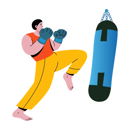 Boy doing punching practice using punching bag  Illustration