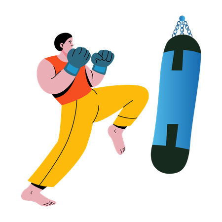 Boy doing punching practice using punching bag  Illustration