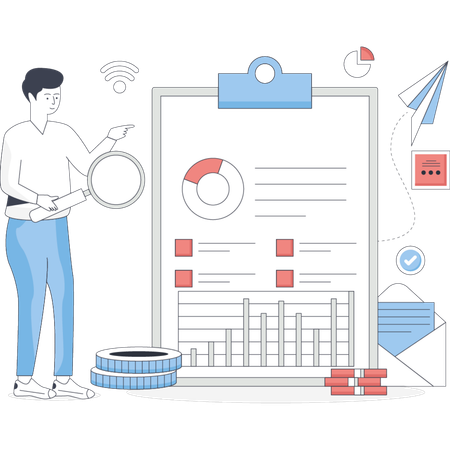 Boy doing research on clipboard list  Illustration