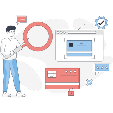 Boy doing research on credit card  Illustration