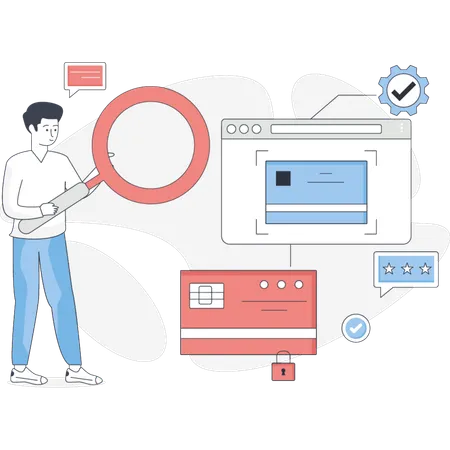 Boy doing research on credit card  Illustration
