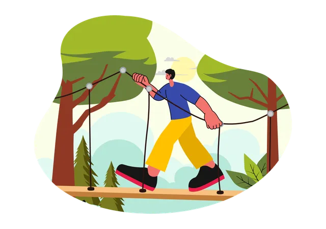 Boy doing rope walk using support  Illustration