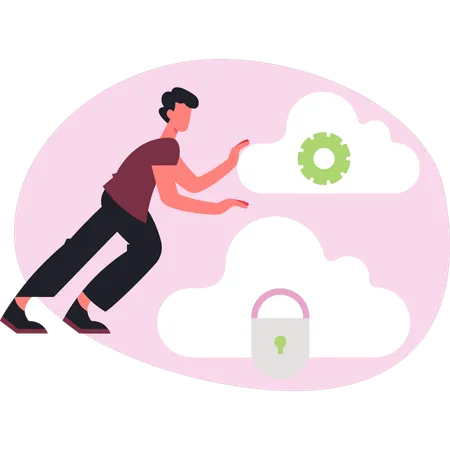 Boy doing setting cloud security  Illustration