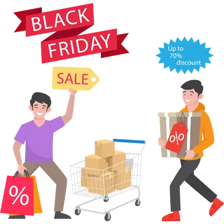 Boy doing shopping in Black Friday sale  Illustration