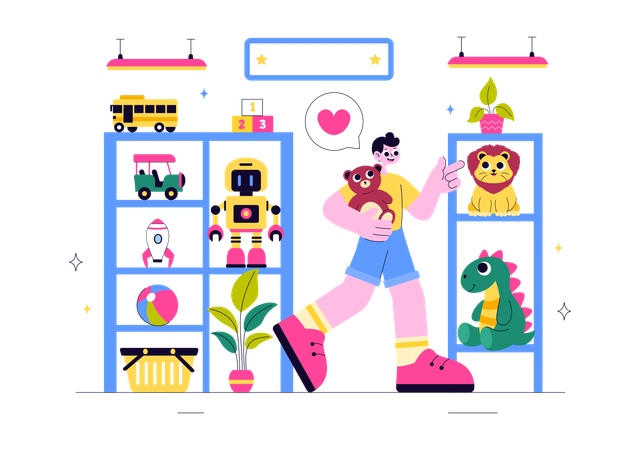 おもちゃ屋で買い物をする男の子  イラスト