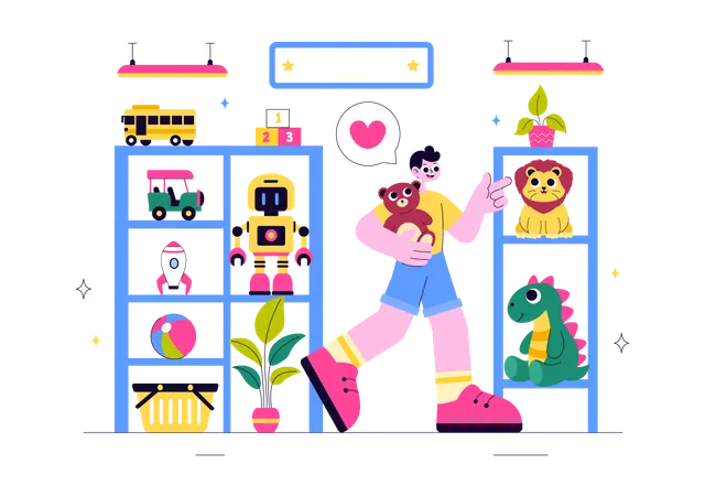 Boy doing shopping in toy store  Illustration