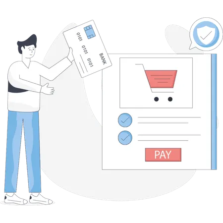 Boy doing shopping payment with card  Illustration