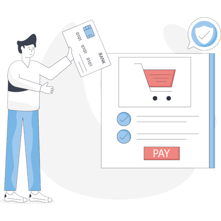 Boy doing shopping payment with card  Illustration