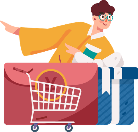 Boy doing shopping using red envelope  Illustration