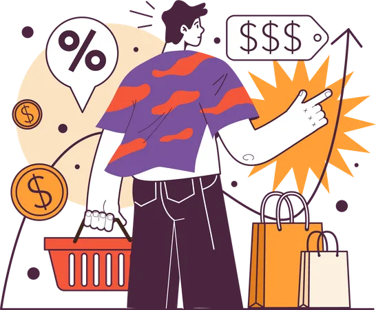 Boy doing shopping with sale growth  Illustration