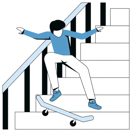 階段でスケートをする少年  イラスト