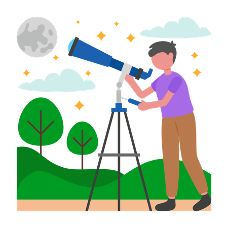 星空観察をする少年  イラスト