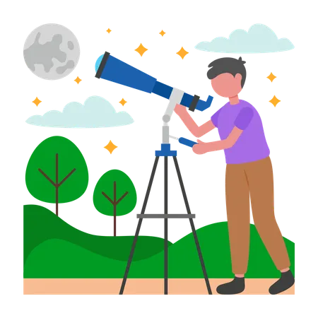星空観察をする少年  イラスト