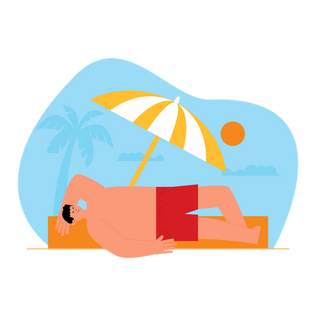 Boy doing sunbath at beach Illustration