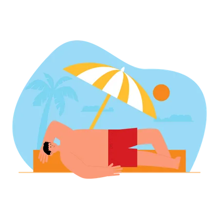 Boy doing sunbath at beach  Illustration