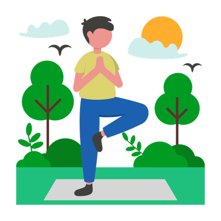 Boy doing Sunrise Outdoor Yoga Practice  Illustration