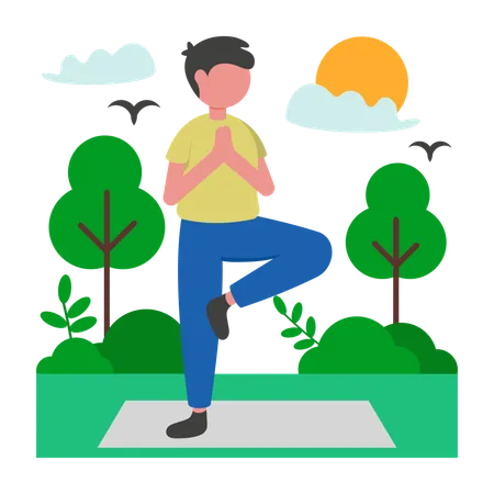Boy doing Sunrise Outdoor Yoga Practice  Illustration