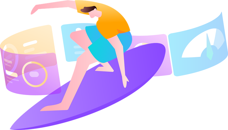 Boy doing surfing while looking virtual analysis report  Illustration