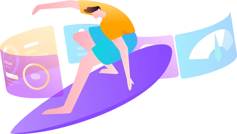 Boy doing surfing while looking virtual analysis report  Illustration