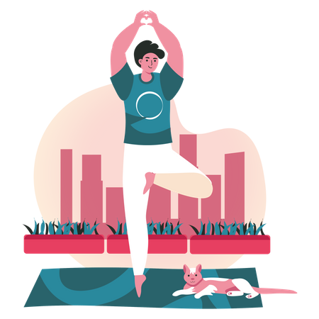 Boy doing tree yoga pose  Illustration