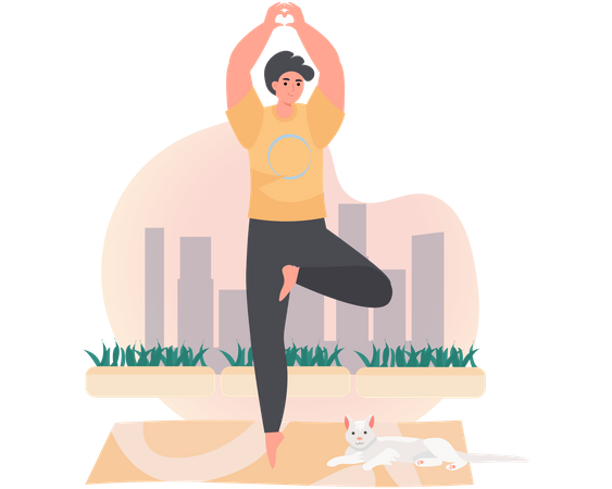 Boy doing tree yoga pose  Illustration