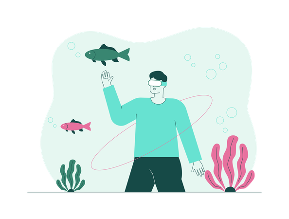 Boy doing underwater experience using VR  Illustration