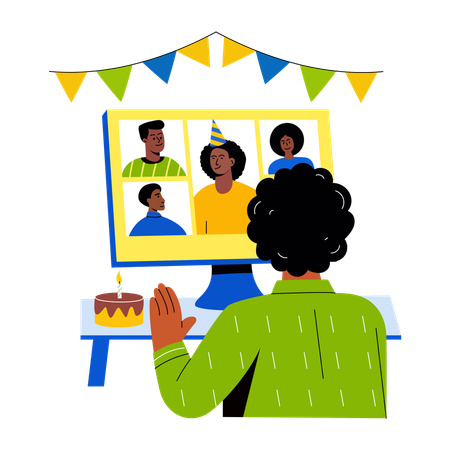 Boy doing virtual birthday celebration  Illustration